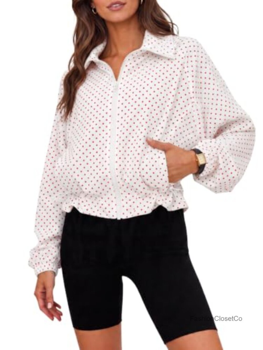 Womens Polka Dot Cropped Zip Up Lightweight Casual Jacket
